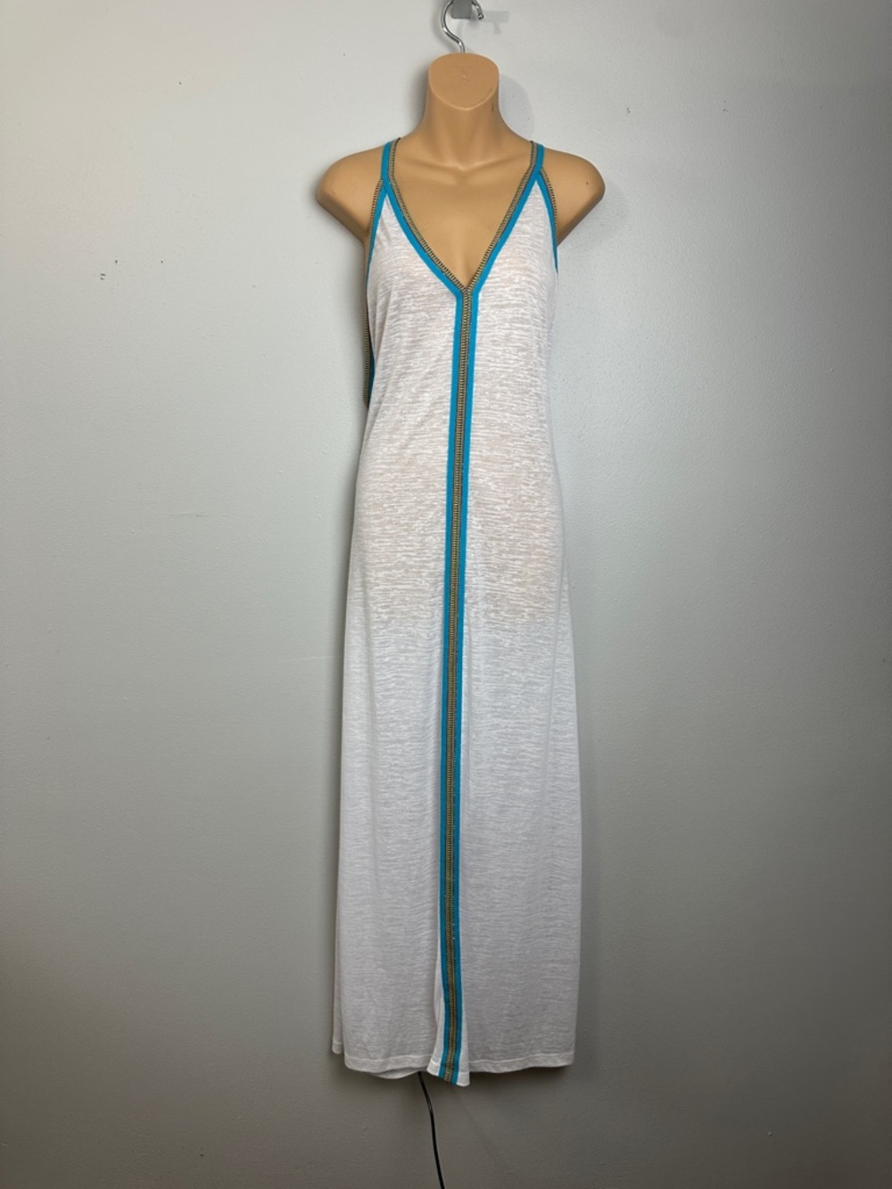 Pitusa Pima Cotton Sundress White Maxi Swim Coverup with Turquoise Inca Trim